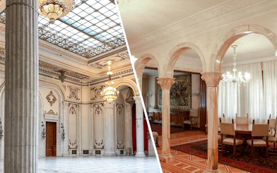 Ceausescu Mansion interior with ornate columns and chandeliers, Bucharest.