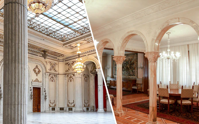 Ceausescu Mansion interior with ornate columns and chandeliers, Bucharest.
