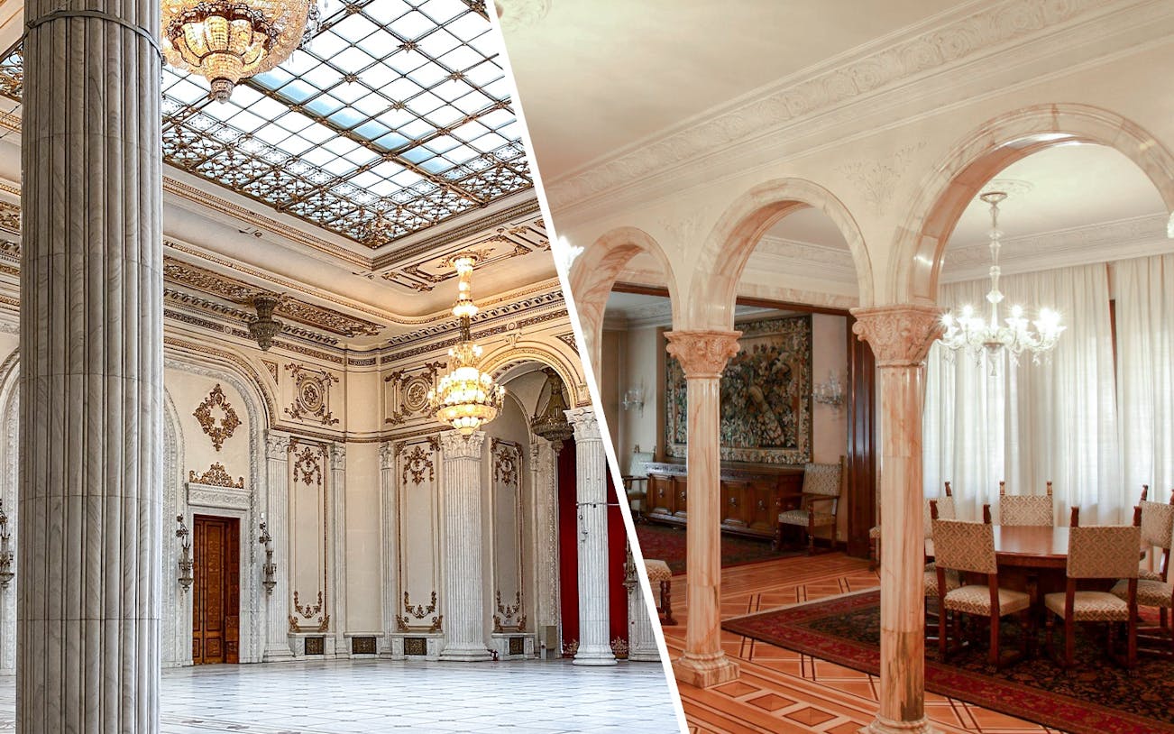 Ceausescu Mansion interior with ornate columns and chandeliers, Bucharest.