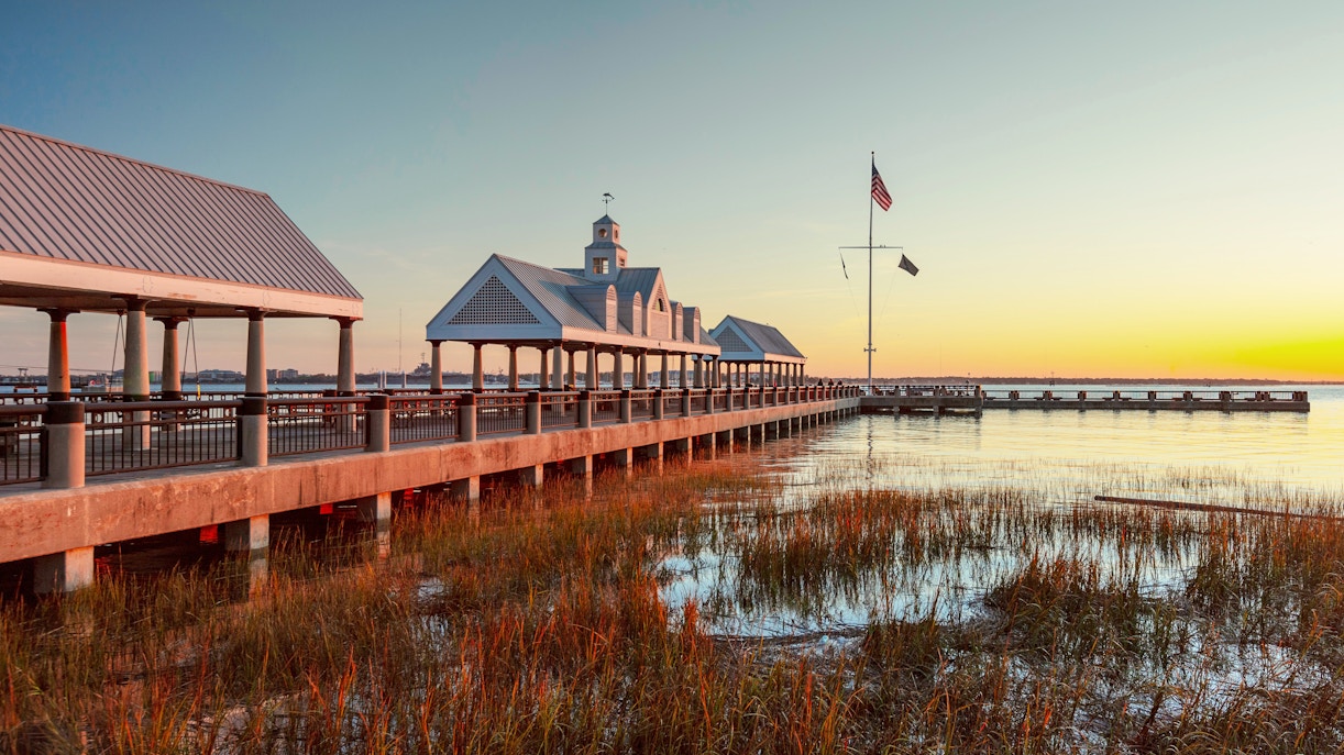 Sunrise over Charleston Harbor with pier and pavilion, Charleston, South Carolina, November 2019.