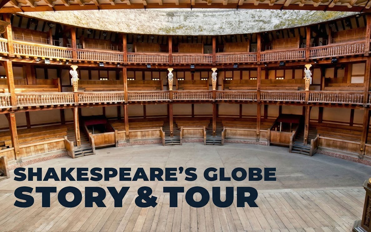 Interior of Shakespeare's Globe Theatre, London, showcasing wooden galleries and stage.