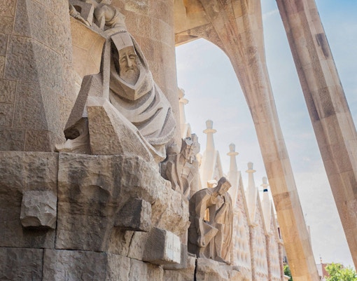 Sculptures on the facade of Sagrada Familia, Barcelona, during a semi-private guided tour.
