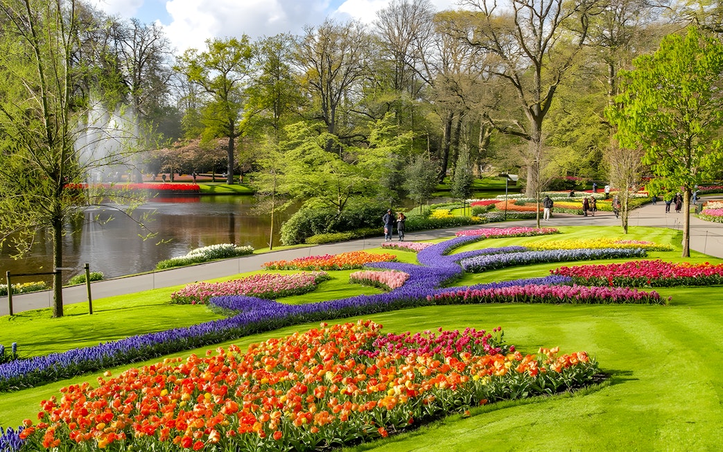 Keukenhof Gardens with colorful tulip beds and a pond, Amsterdam bus tour.