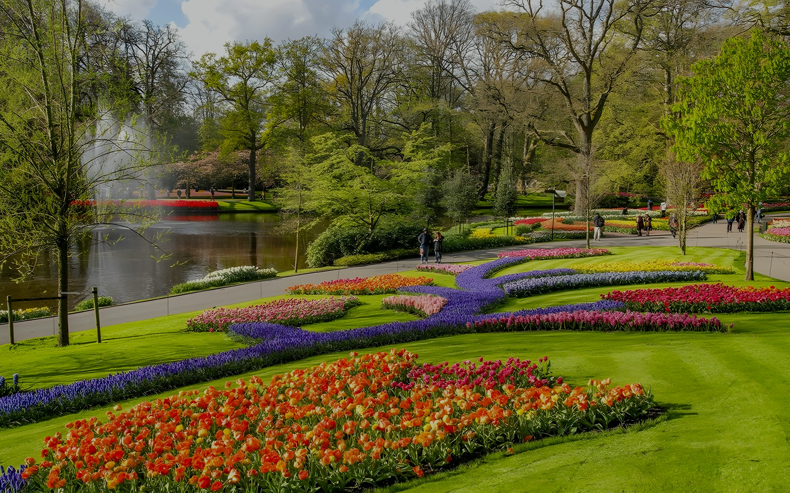 Keukenhof Gardens with colorful tulip beds and a pond, Amsterdam bus tour.