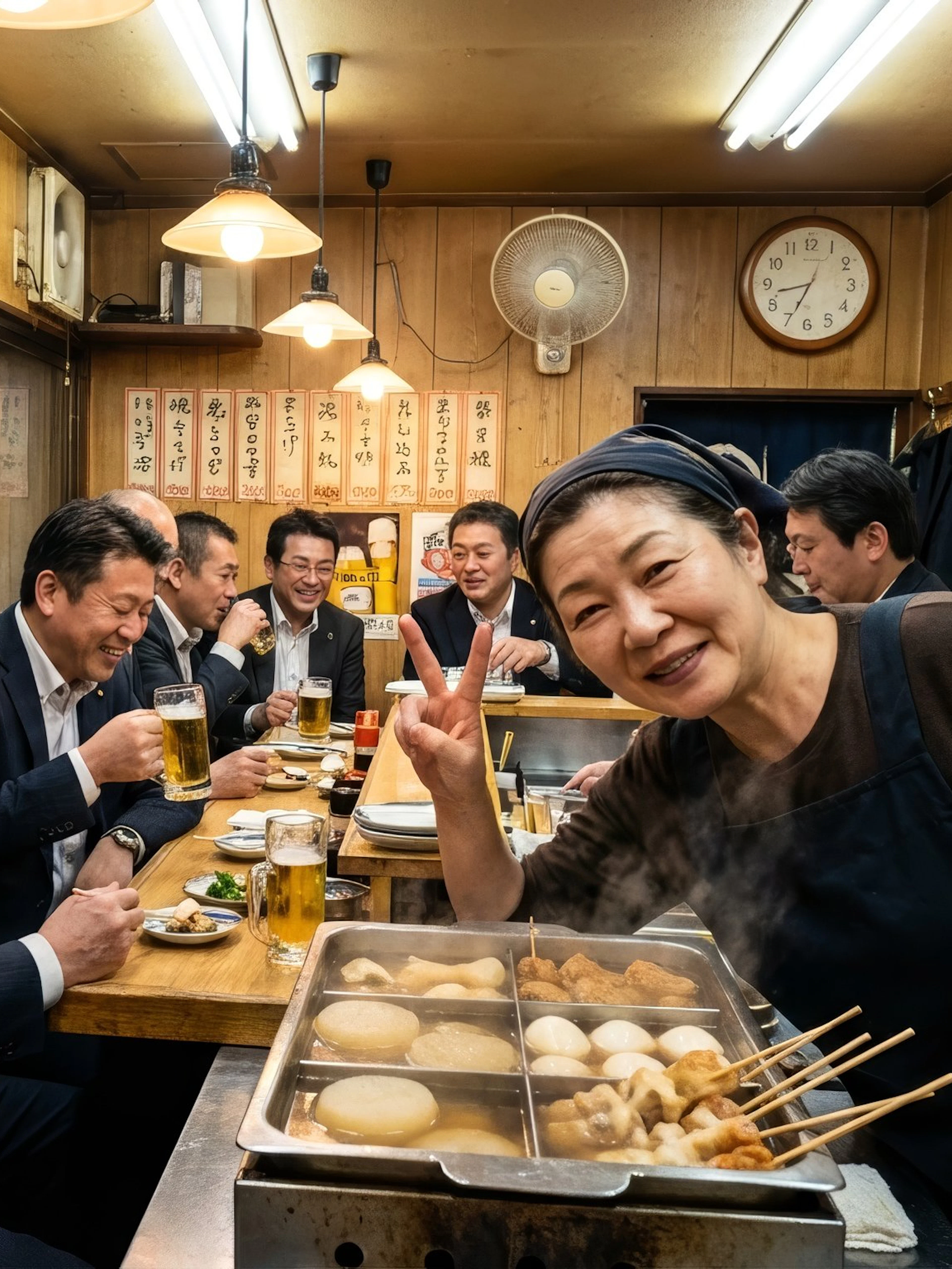 Tourists enjoying dinner at a local izakaya in Osaka during a night foodie tour.