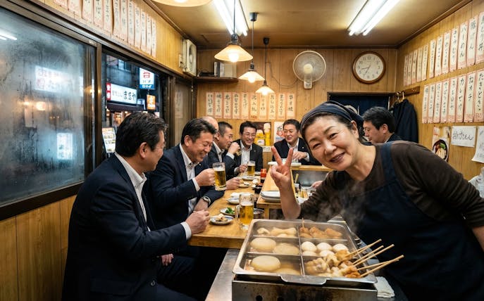 Tourists enjoying dinner at a local izakaya in Osaka during a night foodie tour.