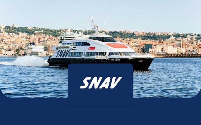 SNAV ferry cruising near Naples with cityscape in the background.