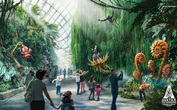 Visitors exploring Avatar-themed Gardens by the Bay exhibit in Singapore.