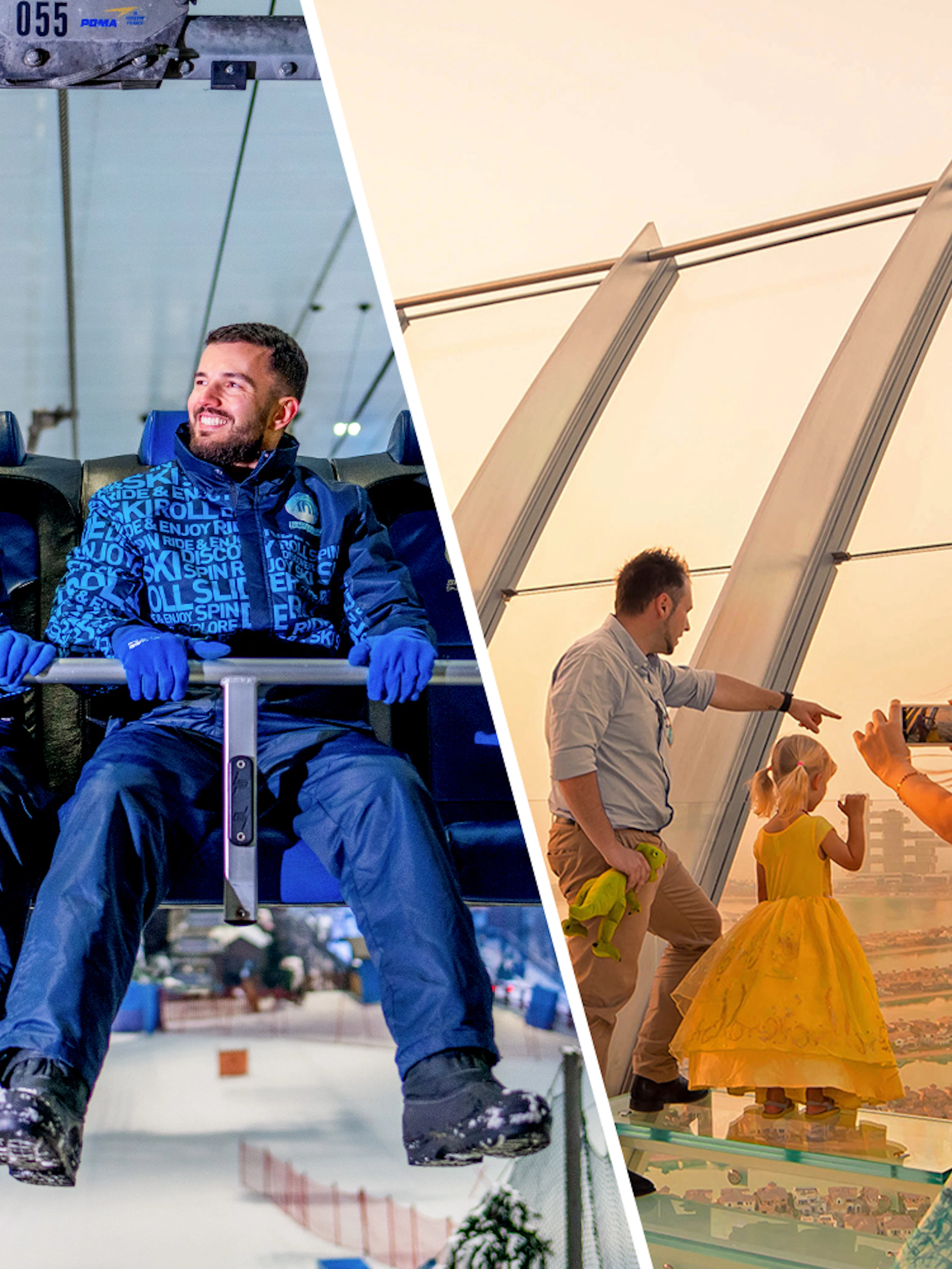 Ski Dubai chairlift ride and visitors at The View At The Palm observation deck in Dubai.