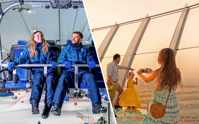 Ski Dubai chairlift ride and visitors at The View At The Palm observation deck in Dubai.