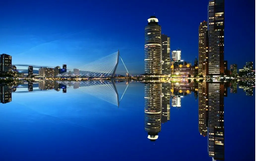 Erasmus Bridge and Rotterdam skyline reflecting on water at night.
