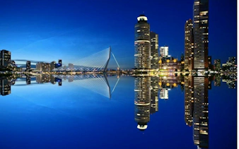 Erasmus Bridge and Rotterdam skyline reflecting on water at night.