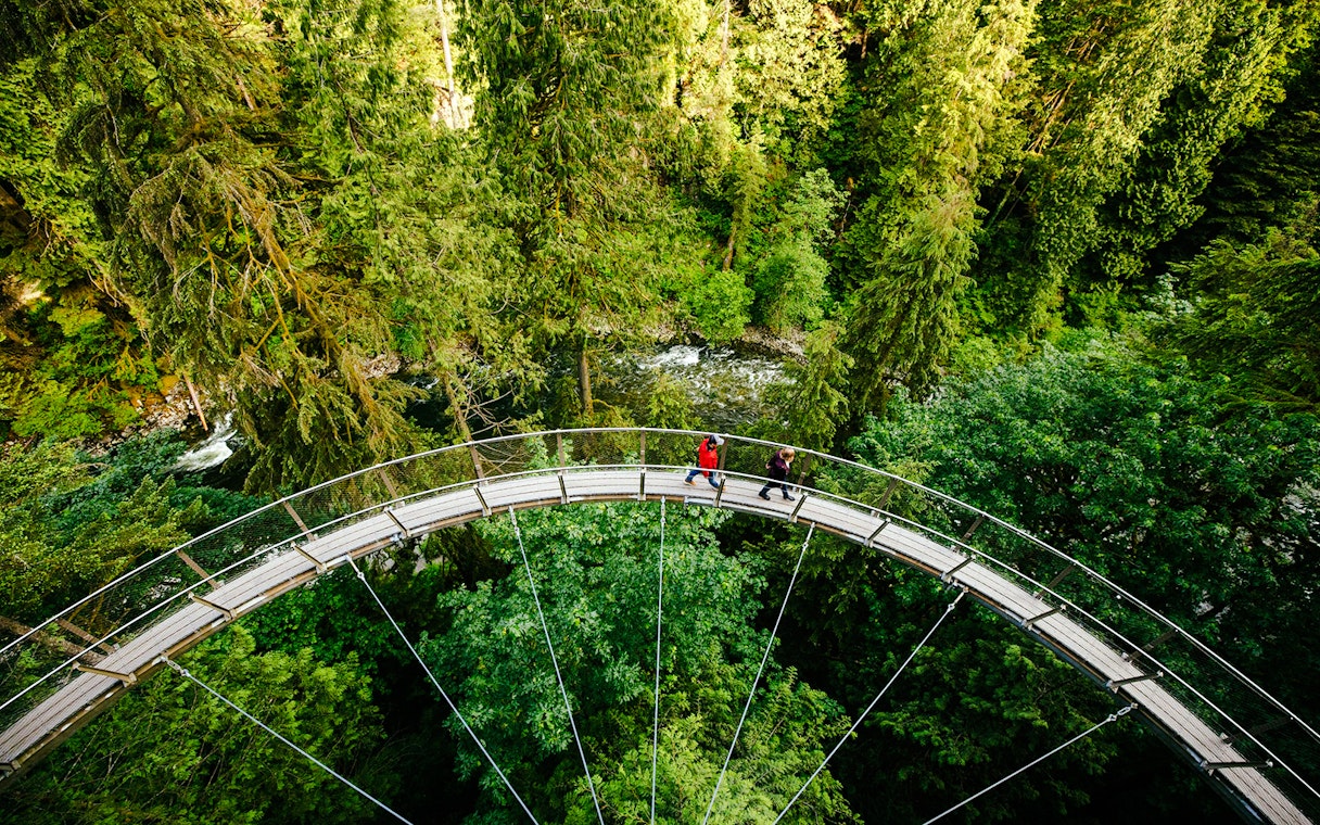 Visitors walking on the Capilano Suspension Bridge surrounded by lush forest in Vancouver, Canada.
