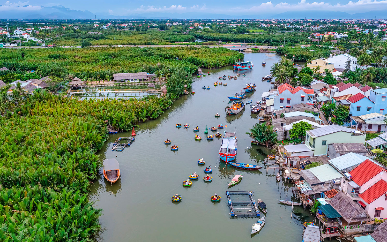 Aerial view of basket boats on a river in Cam Thanh Coconut Village, Vietnam.