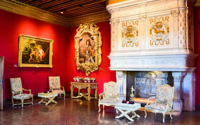 Chenonceau Castle interior with ornate fireplace and classic paintings.