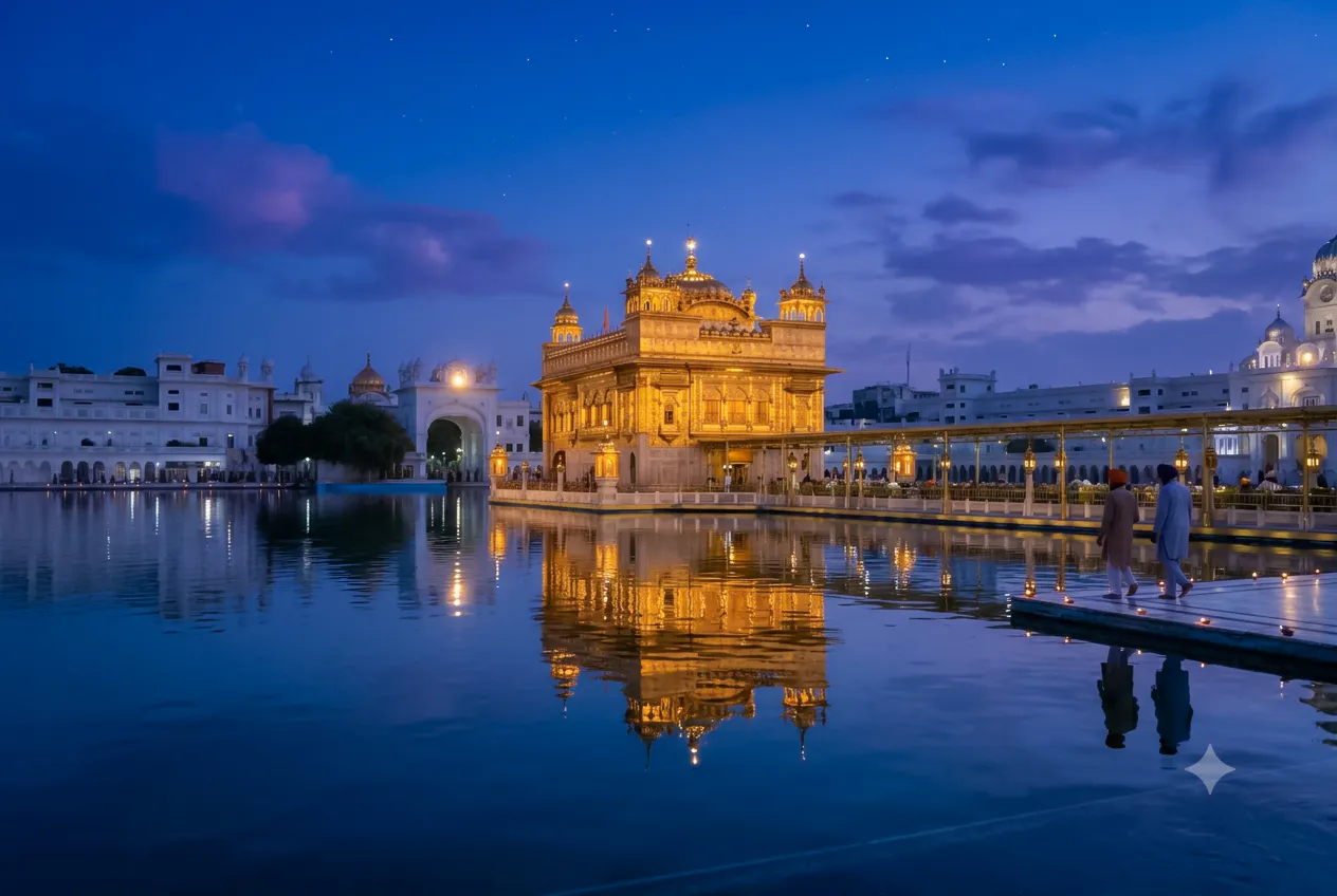 Golden Temple illuminated at night, reflecting in Amritsar's sacred pool.