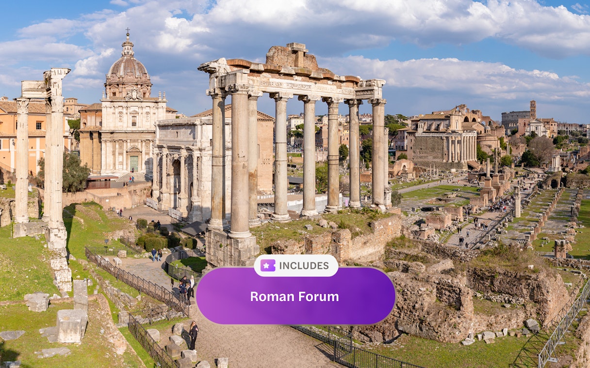 Roman Forum ruins with ancient columns and historic buildings in Rome.