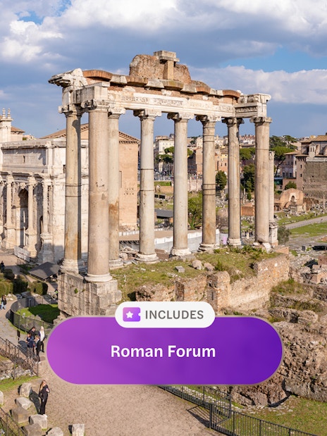 Roman Forum ruins with ancient columns and historic buildings in Rome.