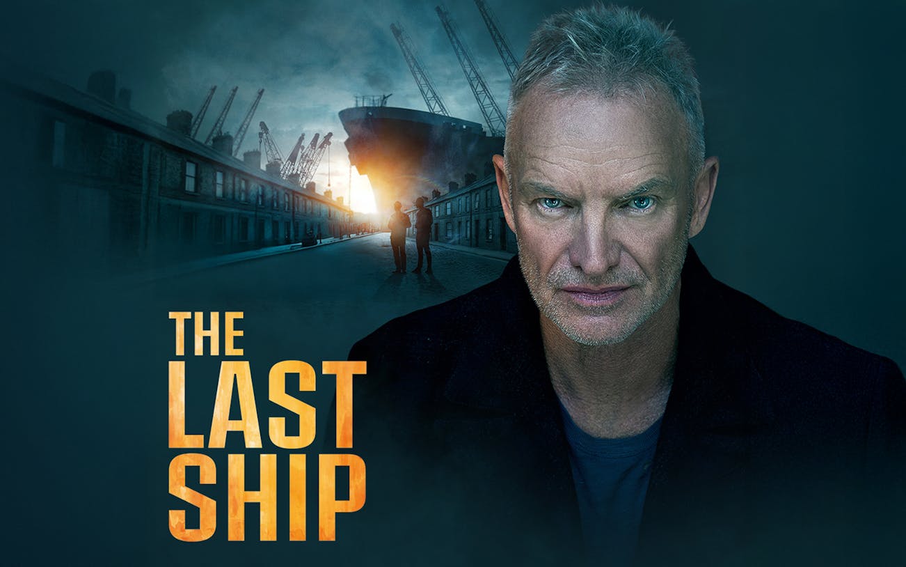 Man standing in front of a shipyard at sunset with 'The Last Ship' text.