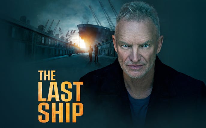 Man standing in front of a shipyard at sunset with 'The Last Ship' text.