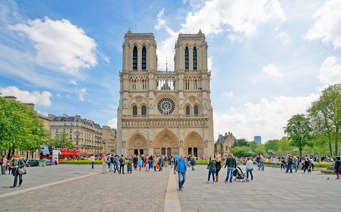 People gathered outside Notre Dame Cathedral in Paris.