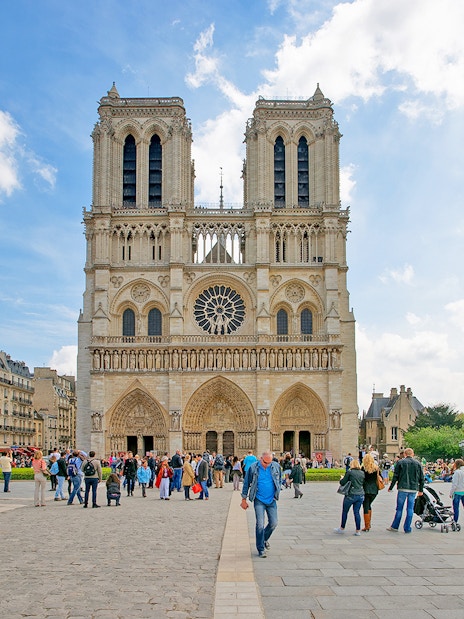 People gathered outside Notre Dame Cathedral in Paris.