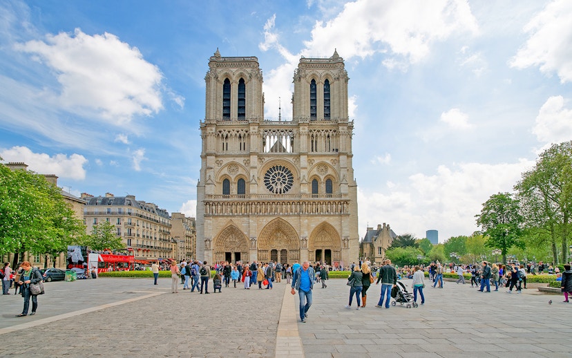 People gathered outside Notre Dame Cathedral in Paris.