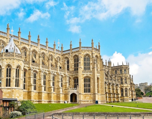 St George's Chapel exterior with Gothic architecture, Windsor Castle, London.
