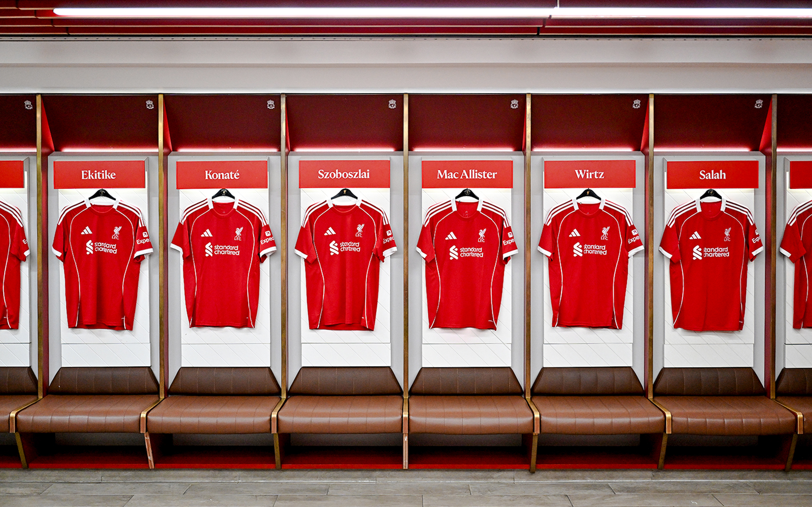 Liverpool FC jerseys in the Anfield Arena dressing room.
