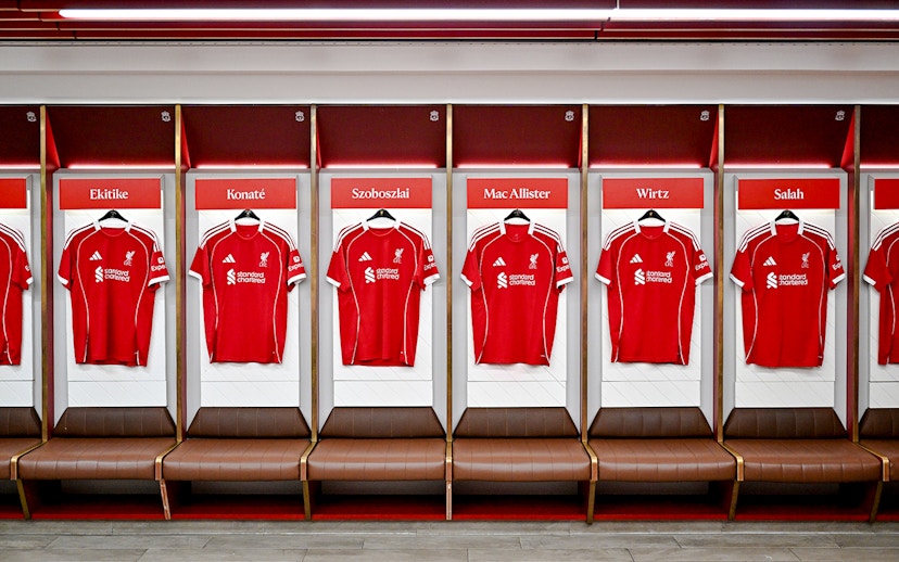 Liverpool FC jerseys in the Anfield Arena dressing room.