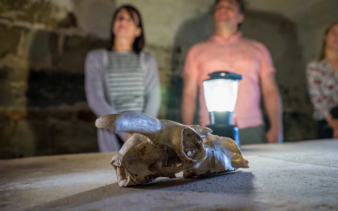 Skull on table during Port Arthur Historic Site Ghost Tour with lantern and visitors in background.