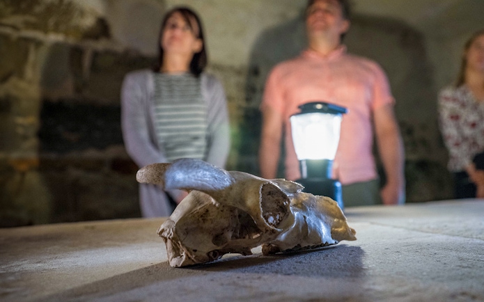 Skull on table during Port Arthur Historic Site Ghost Tour with lantern and visitors in background.