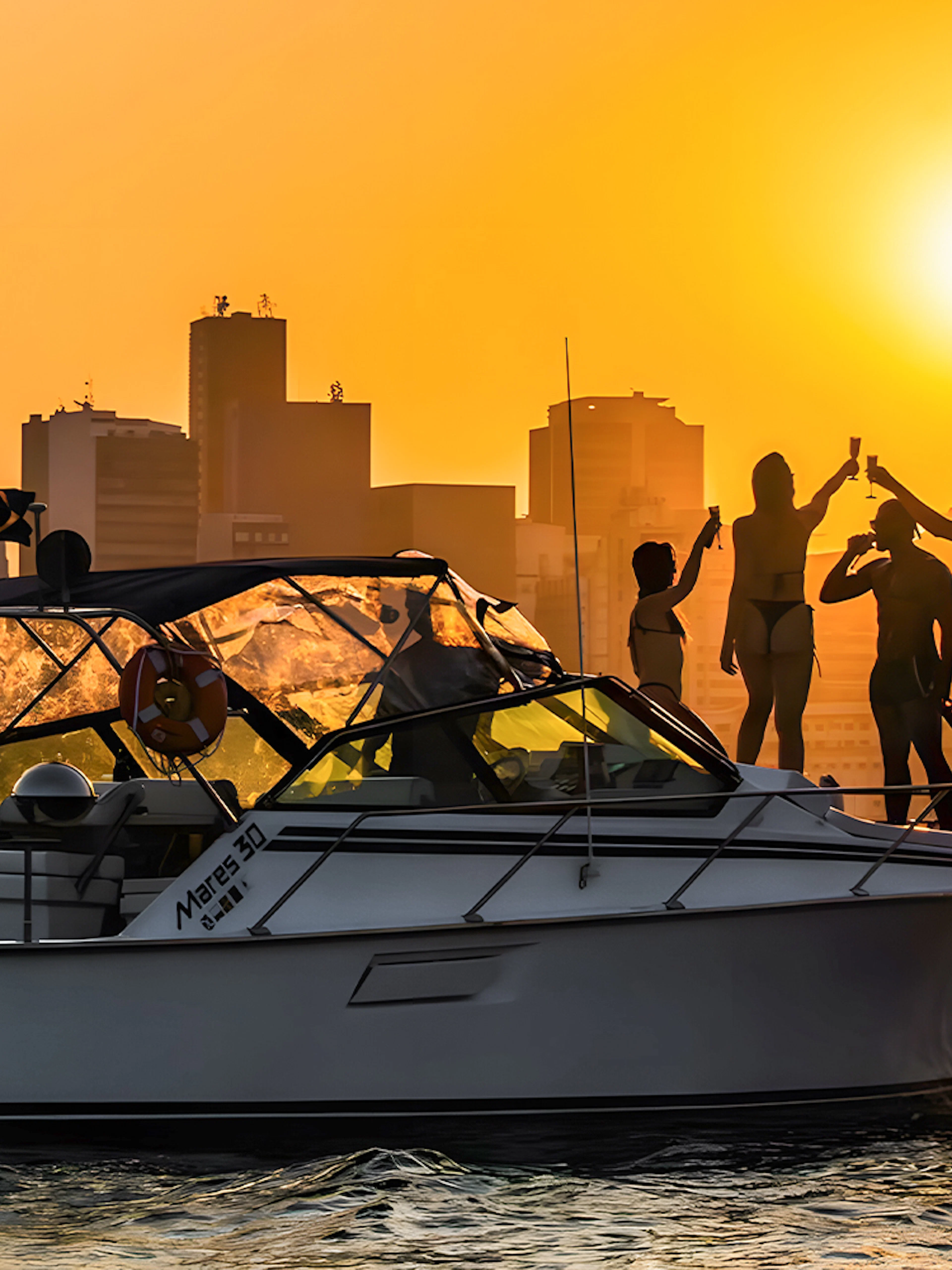 Tourists enjoying a sunset cruise in Rio de Janeiro with city skyline in the background.