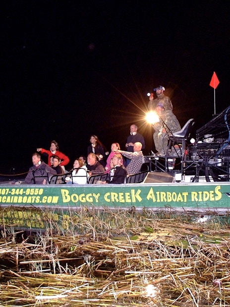 Guests on Boggy Creek night airboat tour in marshland.