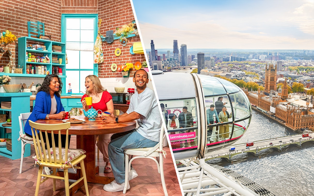 FRIENDS™ Experience set with people and London Eye capsule overlooking Westminster.