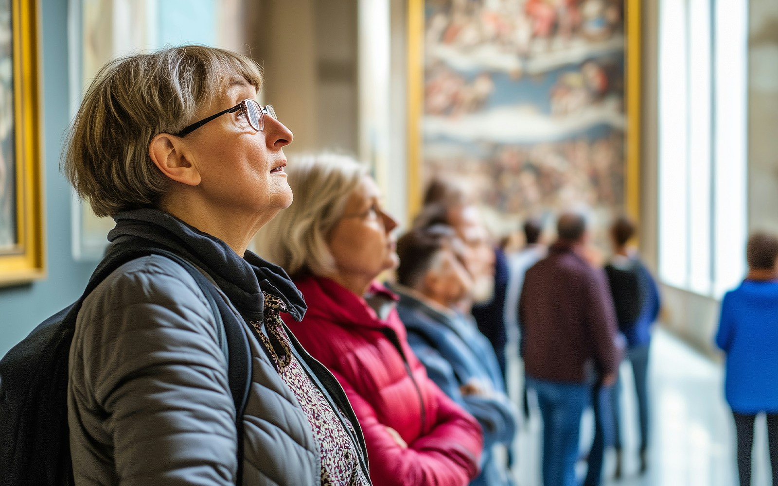 Visitors admiring artwork in the Sistine Chapel, Vatican City.