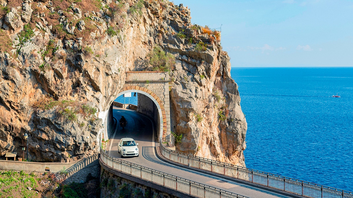 Amalfi Coast drive with coastal views on a day trip from Rome to Pompeii and Sorrento.