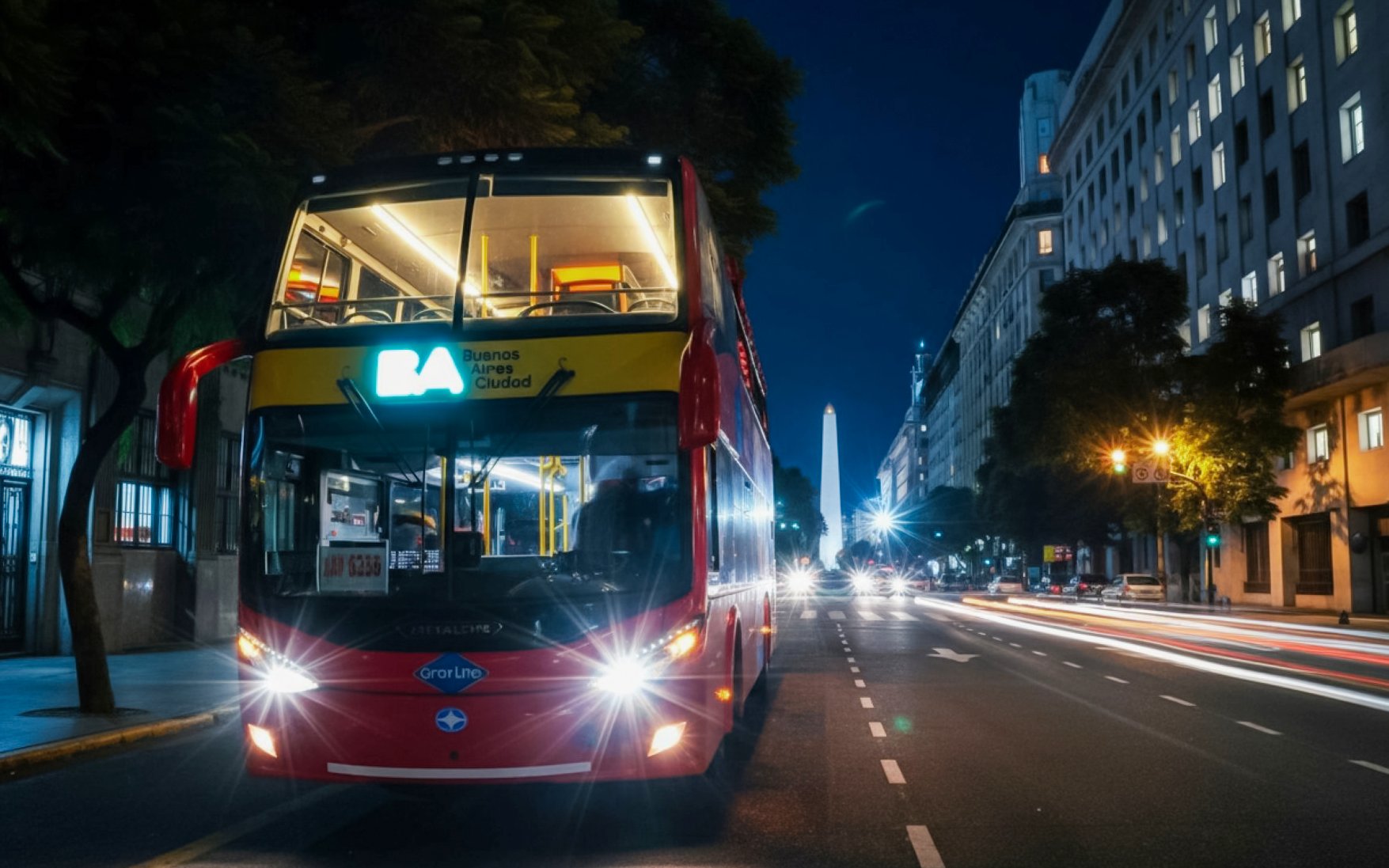 Night bus tour in Buenos Aires with view of the Obelisk.