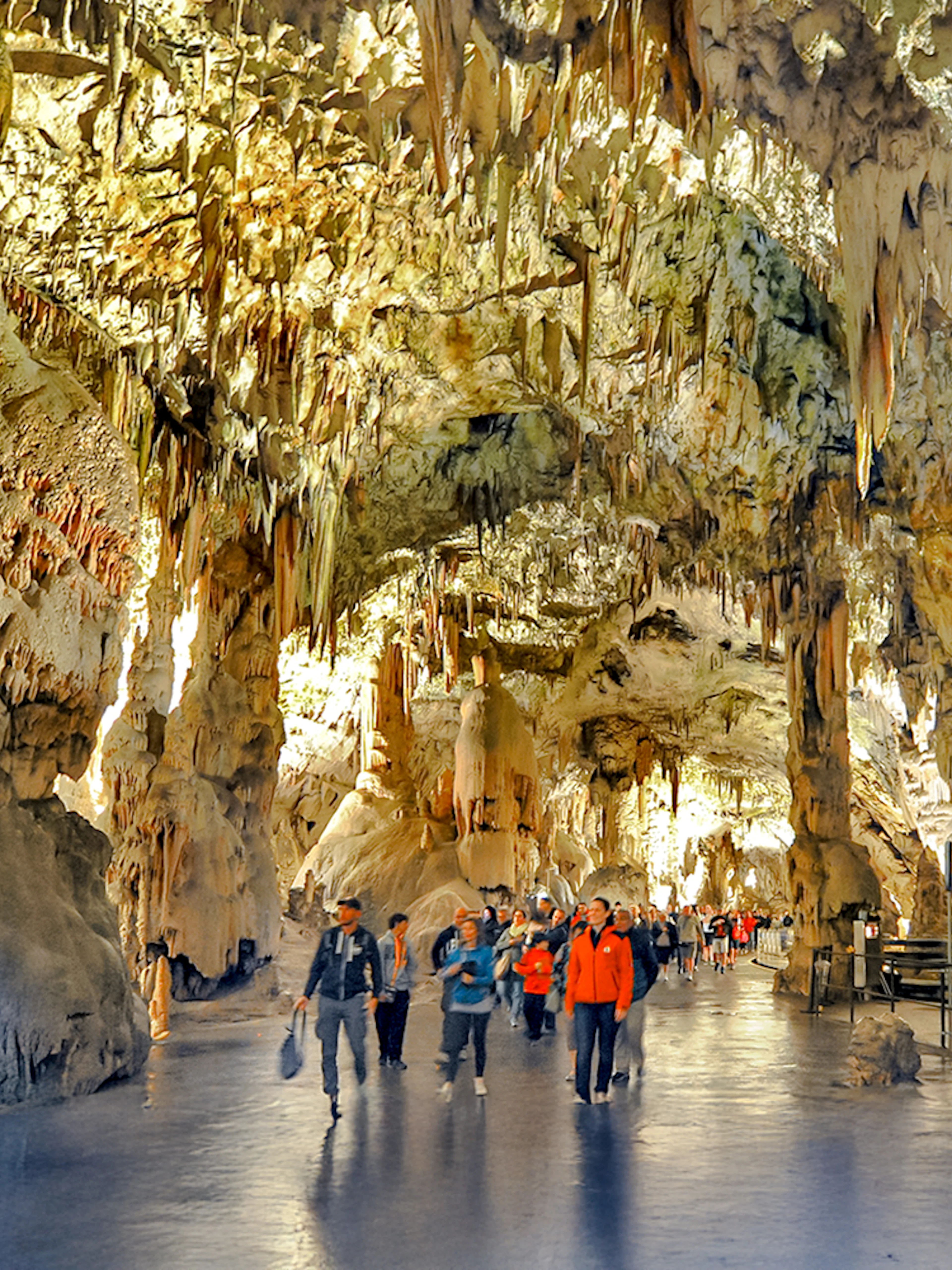 Visitors exploring stalactites and stalagmites inside Postojna Cave, Slovenia.