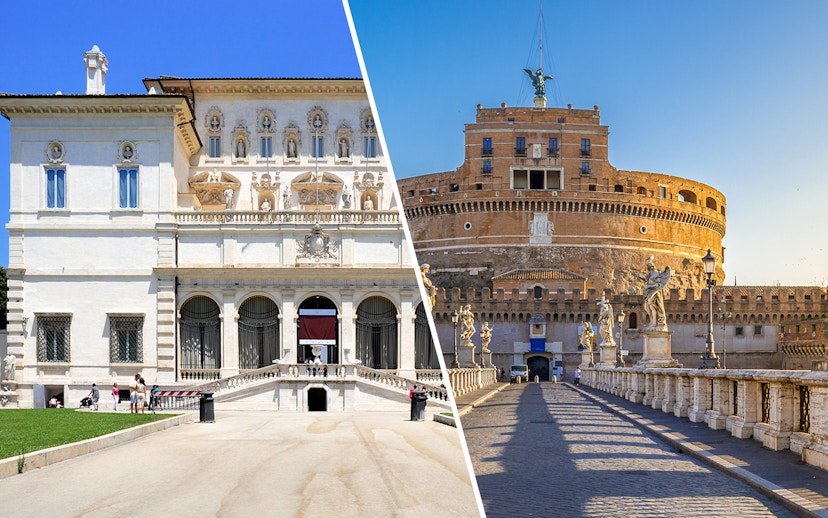 Borghese Gallery facade and Castel Sant'Angelo bridge in Rome, Italy.