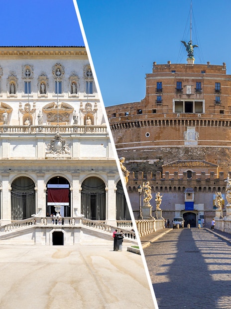 Borghese Gallery facade and Castel Sant'Angelo bridge in Rome, Italy.