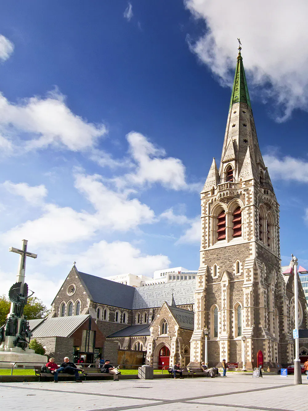 Christchurch Cathedral with spire and surrounding plaza in Christchurch, New Zealand.