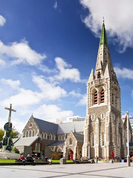Christchurch Cathedral with spire and surrounding plaza in Christchurch, New Zealand.