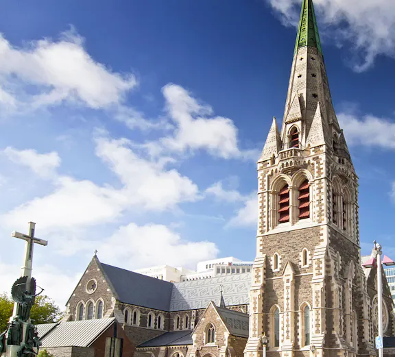 Christchurch Cathedral with spire and surrounding plaza in Christchurch, New Zealand.