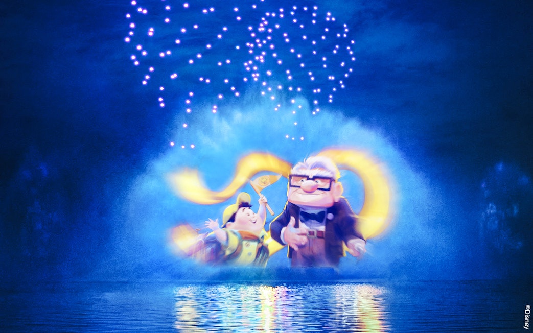 Disneyland World of Frozen Illuminations with animated characters projected on water