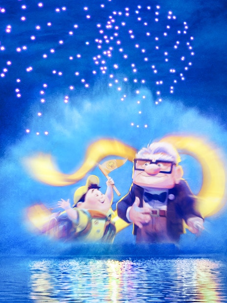 Disneyland World of Frozen Illuminations with animated characters projected on water