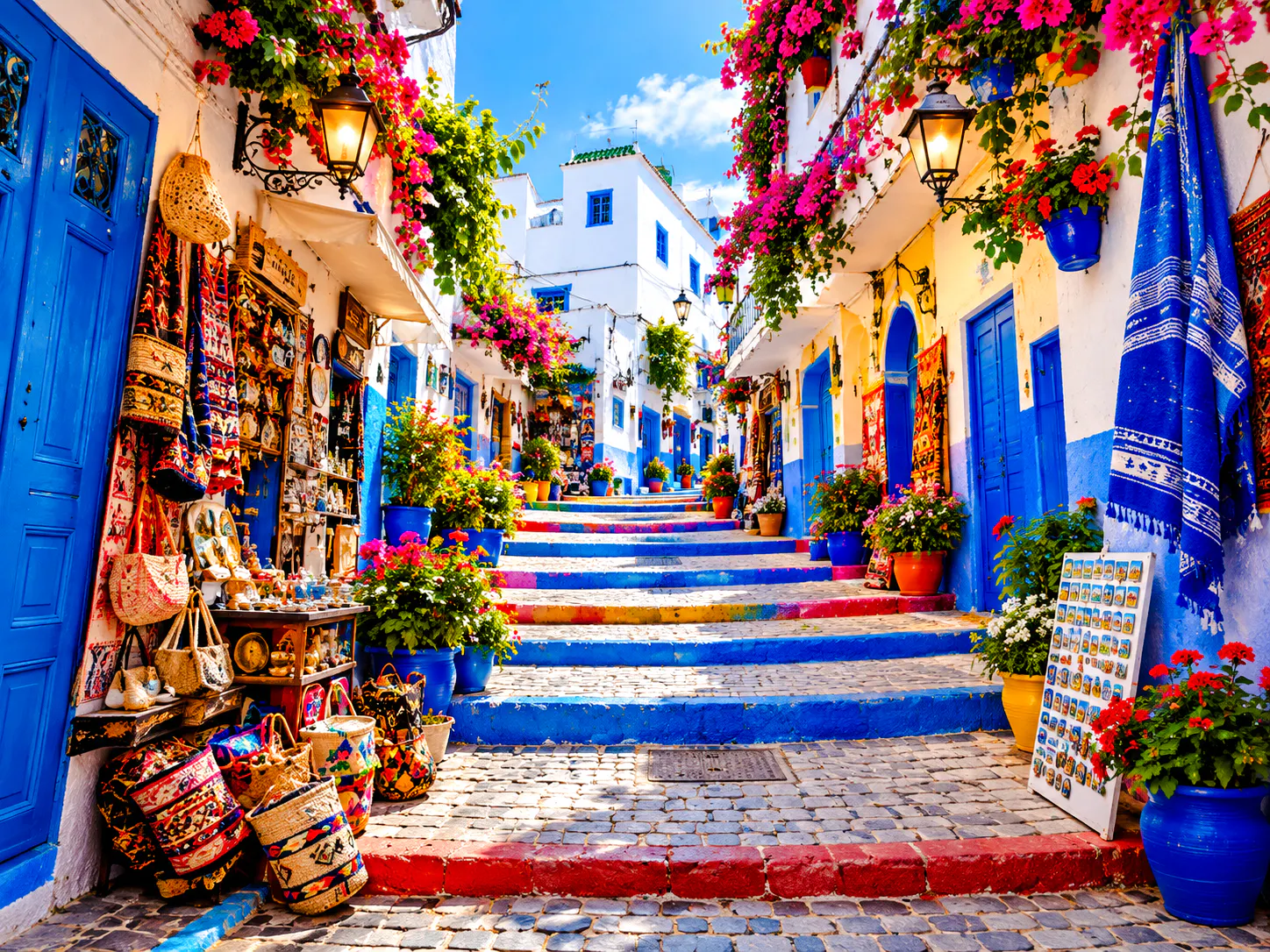 Colorful street with blue doors and vibrant flowers in Tangier's medina, Morocco.
