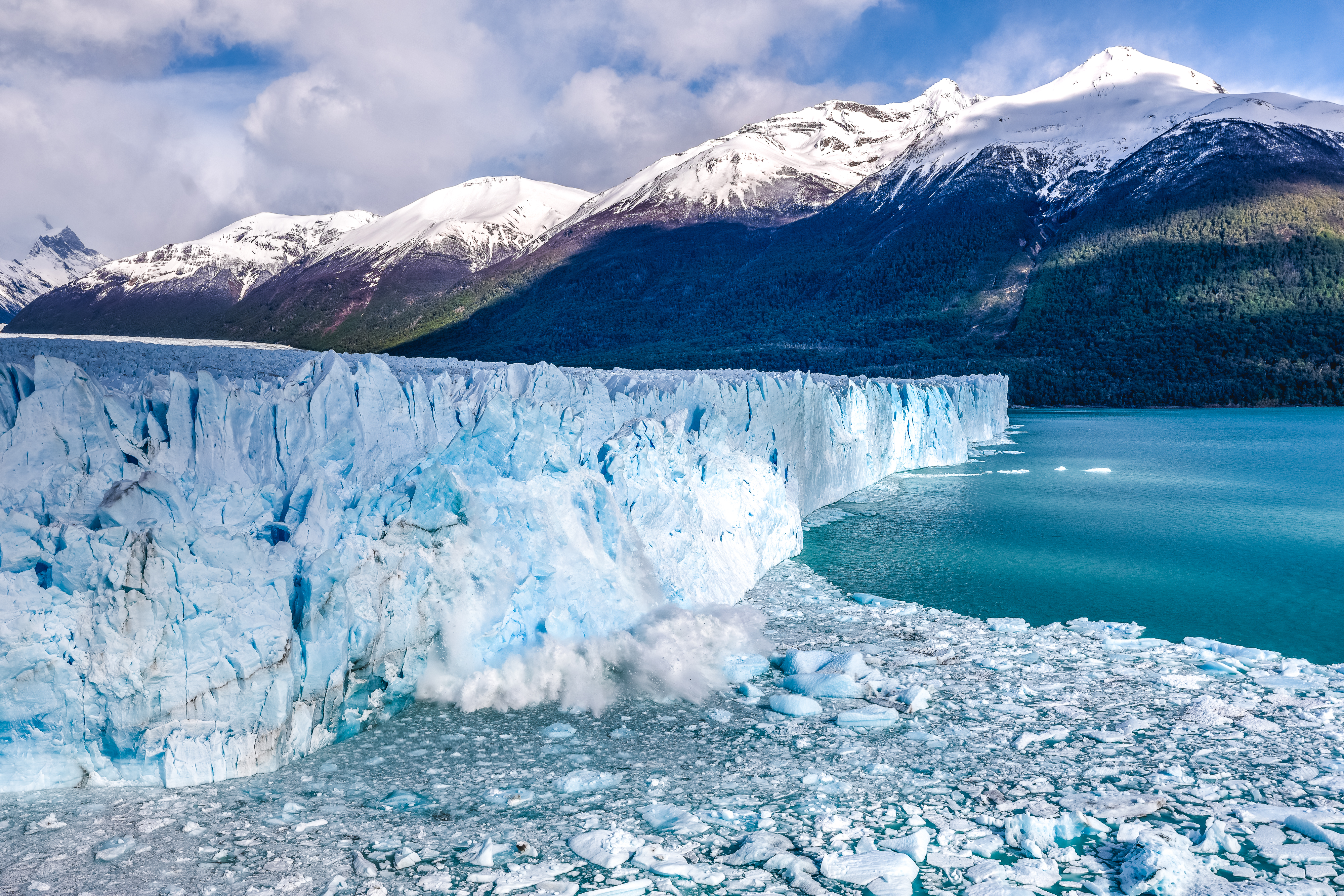 Perito Moreno Glacier calving into turquoise waters in Los Glaciares National Park, Argentina.