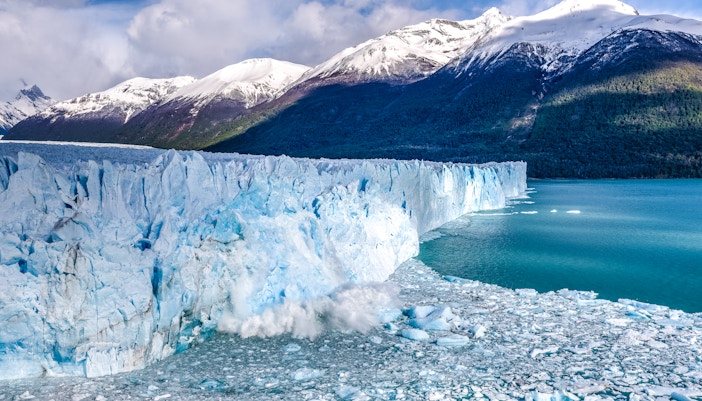 Perito Moreno Glacier calving into turquoise waters in Los Glaciares National Park, Argentina.