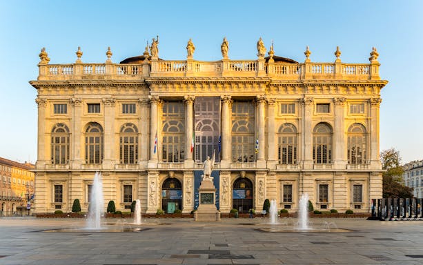Palazzo Madama facade with fountains in Turin, Italy.
